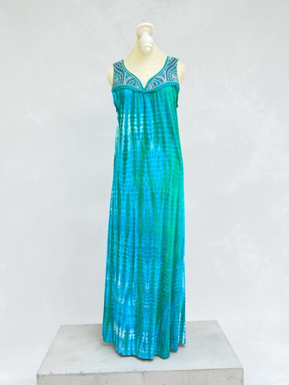 Greater Good Beaded Tie Dye Maxi Dress Blue Green Rayon Size S
